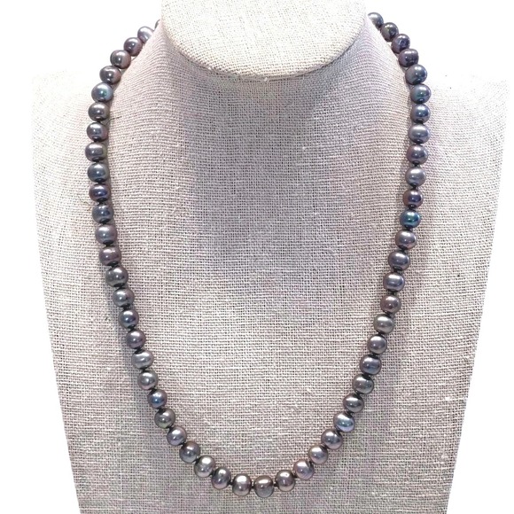 Jewelry - 14k Gold 7mm Freshwater Pearl Strand Necklace Black Peacock Grey 18in New